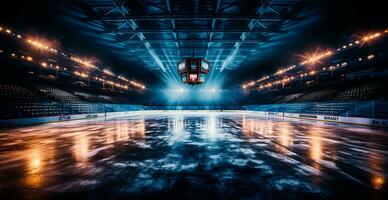 Eishockey Stadion, leeren Sport Arena mit Eis Eisbahn, kalt Hintergrund - - ai generiert Bild foto