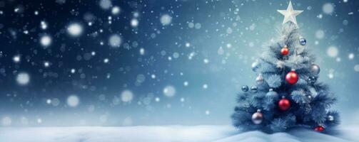 Weihnachten Baum auf ein Weiß und dunkel Blau schneebedeckt Hintergrund. ai generiert foto