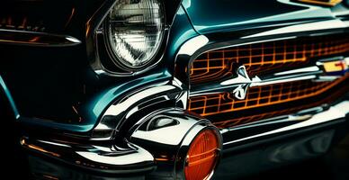 Jahrgang amerikanisch klassisch Auto, Scheinwerfer glühend beim Nacht - - ai generiert Bild foto