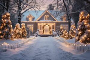 magisch Weg führen zu ein Haus strahlend mit Weihnachten Beleuchtung foto