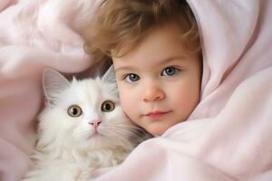 Baby und Kätzchen spielen mit Katze auf das Decke foto