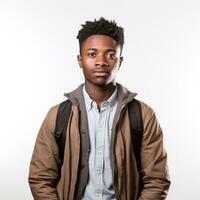 ein schwarz Schüler mit ein erreicht Ausdruck, posieren gegen ein Weiß Hintergrund foto