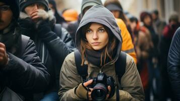 Fotograf mit ein Kamera unter ein Menge von Menschen auf das Straße foto