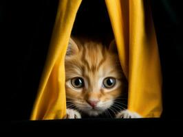 bezaubernd Kätzchen spähen aus von hinter ein Vorhang ai generativ foto