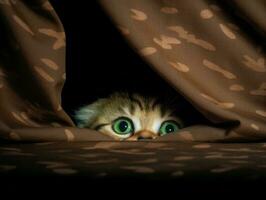 bezaubernd Kätzchen spähen aus von hinter ein Vorhang ai generativ foto