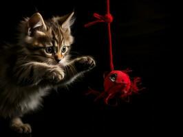 boshaft Kätzchen spielerisch prügeln beim ein baumeln Spielzeug ai generativ foto