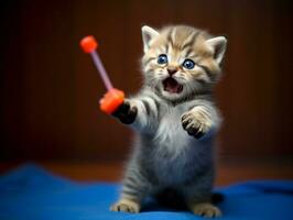 boshaft Kätzchen spielerisch prügeln beim ein baumeln Spielzeug ai generativ foto