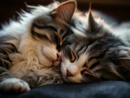 Paar von Katzen gekuschelt oben zusammen Teilen ein warm Umarmung ai generativ foto