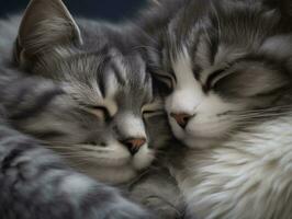 Paar von Katzen gekuschelt oben zusammen Teilen ein warm Umarmung ai generativ foto