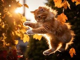 spielerisch Katze Schlagen beim fallen Herbst Blätter im ein sonnendurchflutet Garten ai generativ foto