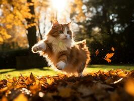 spielerisch Katze Schlagen beim fallen Herbst Blätter im ein sonnendurchflutet Garten ai generativ foto