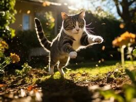 spielerisch Katze Schlagen beim fallen Herbst Blätter im ein sonnendurchflutet Garten ai generativ foto