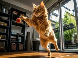 spielerisch katzenartig springen durch das Luft im Verfolgung von ein Feder Spielzeug ai generativ foto