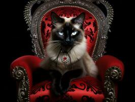 Regal Siamese Katze gestellt auf ein luxuriös Stuhl ai generativ foto