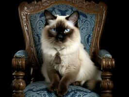 Regal Siamese Katze gestellt auf ein luxuriös Stuhl ai generativ foto