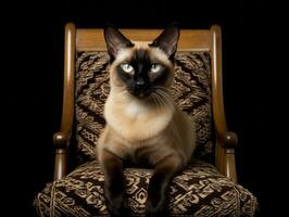 Regal Siamese Katze gestellt auf ein luxuriös Stuhl ai generativ foto