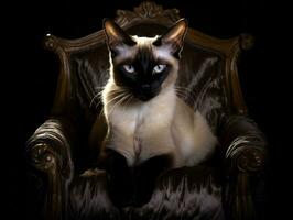 Regal Siamese Katze gestellt auf ein luxuriös Stuhl ai generativ foto