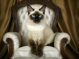 Regal Siamese Katze gestellt auf ein luxuriös Stuhl ai generativ foto