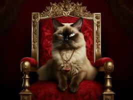 Regal Siamese Katze gestellt auf ein luxuriös Samt Stuhl ai generativ foto