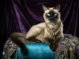 Regal Siamese Katze gestellt auf ein luxuriös Samt Stuhl ai generativ foto