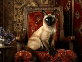 Regal Siamese Katze gestellt auf ein luxuriös Samt Stuhl ai generativ foto