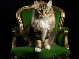 Regal Katze gestellt auf ein luxuriös Stuhl ai generativ foto