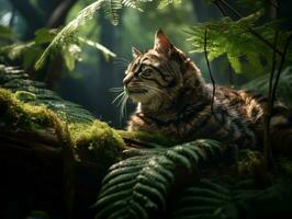 heiter Katze ruhen auf ein Baum Ast umgeben durch üppig Laub ai generativ foto