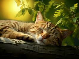 heiter Katze ruhen auf ein Baum Ast umgeben durch üppig Laub ai generativ foto