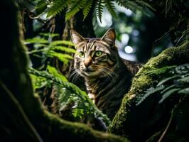 heiter Katze ruhen auf ein Baum Ast umgeben durch üppig Laub ai generativ foto