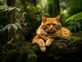 heiter Katze ruhen auf ein Baum Ast umgeben durch üppig Laub ai generativ foto