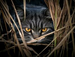 heimlich Katze Stalking durch hoch Gras mit es ist Augen Fest auf Beute ai generativ foto