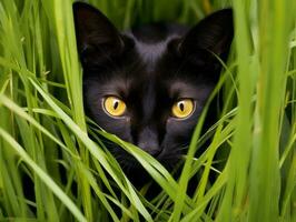 heimlich Katze Stalking durch hoch Gras mit es ist Augen Fest auf Beute ai generativ foto