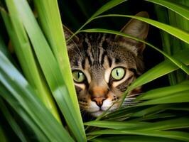 heimlich Katze Stalking durch hoch Gras mit es ist Augen Fest auf Beute ai generativ foto