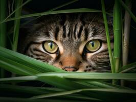 heimlich Katze Stalking durch hoch Gras mit es ist Augen Fest auf Beute ai generativ foto