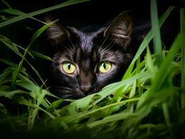 heimlich Katze Stalking durch hoch Gras mit es ist Augen Fest auf Beute ai generativ foto