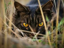 heimlich Katze Stalking mit es ist Augen Fest auf Beute ai generativ foto