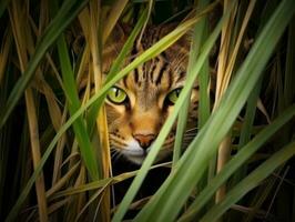 heimlich Katze Stalking mit es ist Augen Fest auf Beute ai generativ foto