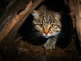 heimlich Katze Stalking mit es ist Augen Fest auf Beute ai generativ foto