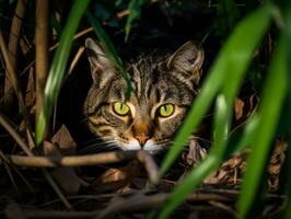 heimlich Katze Stalking mit es ist Augen Fest auf Beute ai generativ foto