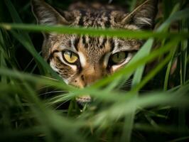 heimlich Katze Stalking mit es ist Augen Fest auf Beute ai generativ foto