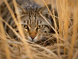 heimlich Katze Stalking mit es ist Augen Fest auf Beute ai generativ foto