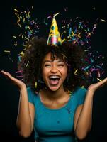 glücklich Frau feiern auf ein solide Hintergrund ai generativ foto