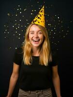 glücklich Frau feiern auf ein solide Hintergrund ai generativ foto