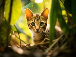Katze mit ein heiter und meditativ aussehen gerahmt durch ein still Garten Hintergrund ai generativ foto