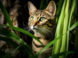 Katze mit ein heiter und meditativ aussehen gerahmt durch ein still Garten Hintergrund ai generativ foto