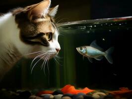 neugierig Katze spähen in ein öffnen Fisch Panzer mit Faszination ai generativ foto