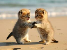 Paar von spielerisch Kätzchen beschäftigt, verlobt im ein freundlich Ringen Spiel ai generativ foto