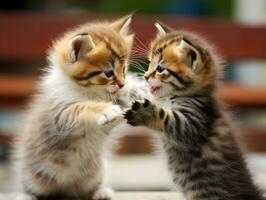 Paar von spielerisch Kätzchen beschäftigt, verlobt im ein freundlich Ringen Spiel ai generativ foto