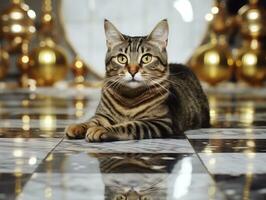 glatt und elegant Katze faulenzen auf ein poliert Marmor Fußboden ai generativ foto