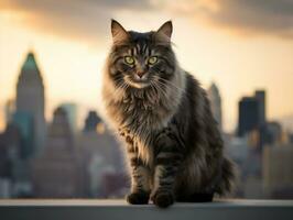 glatt Katze thront auf ein Dach gegen das Stadt Horizont ai generativ foto